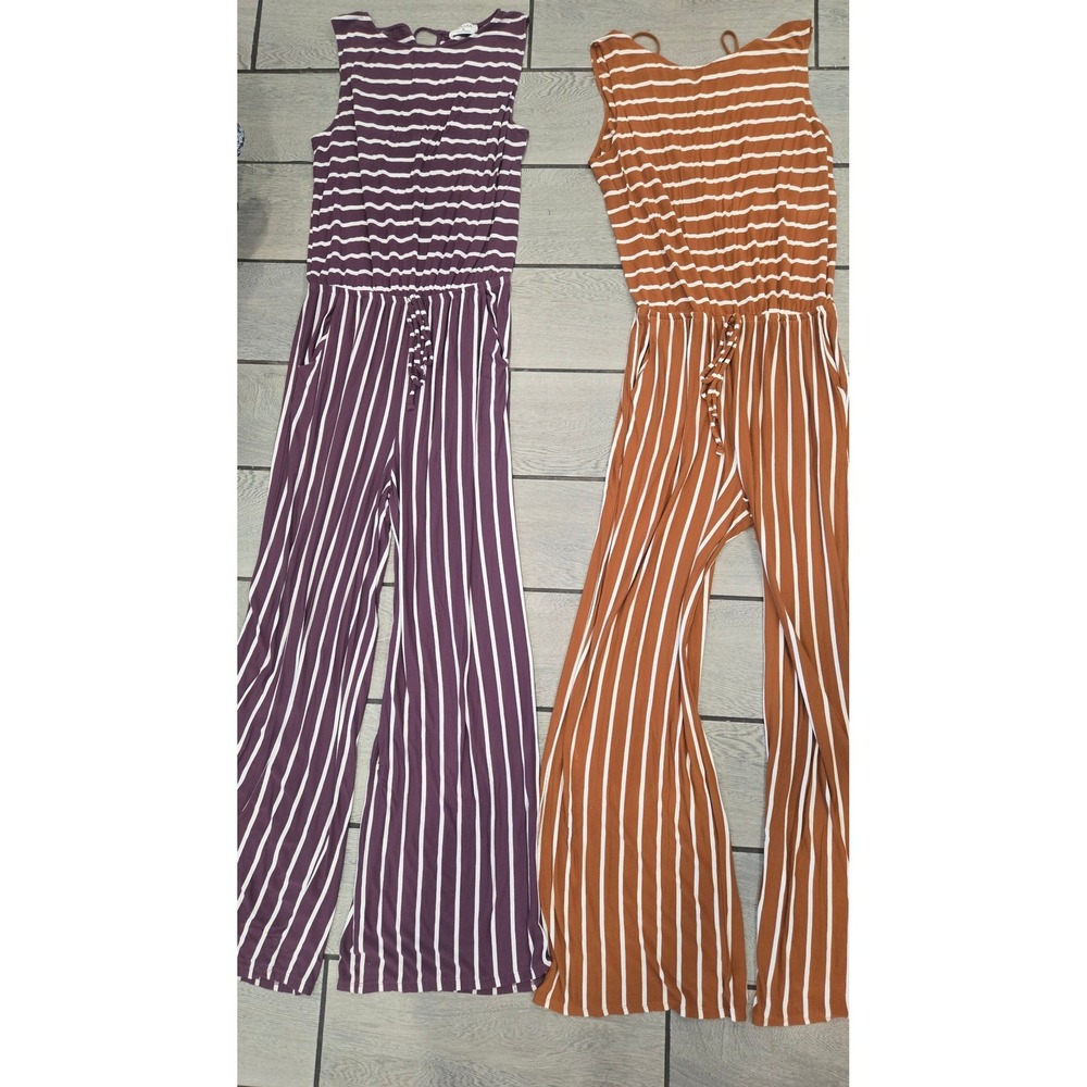 Zenana Striped Wide Leg Jumpsuit Bundle Set of 2 Purple Rust Orange XL - Picture 1 of 13